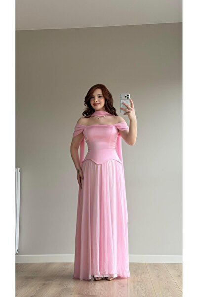 AYŞENUR DİNÇER Luvia Saten Korseli Fularlı Abiye Pembe
