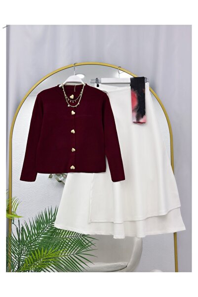 YEDİLALE Yandan Tie-Up Flare Skirt Heart Button Knitwear Cardigan Double Set