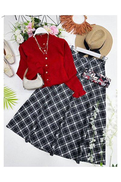 YEDİLALE Carnation Knitwear Cardigan Plaid Flared Skirt Two-Piece Set [Cardig...