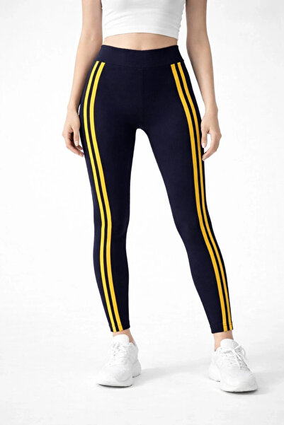 Alfanora Women's Stretch Fabric Side Yellow Stripe Detailed Leggings - Black
