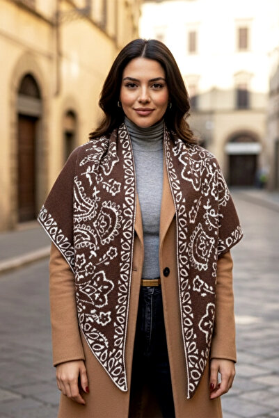 REMSA Cashmere Knitted Patterned Triangle Shoulder Shawl 70X155 cm 1301 Brown