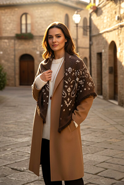 REMSA Cashmere Knitted Patterned Square Shoulder Shawl 108X108 cm 1300 Brown