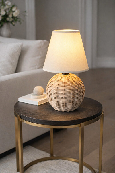 Mon Chevalon Hasır Abajur Masa Lambası Ekru Kumaş Abajurlu E-27 Duy