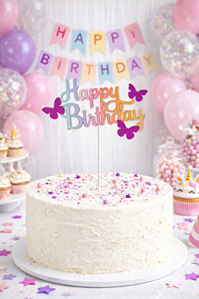 Partifabrik Happy Birthday Plexiglass Cake Decoration with Butterfly Detail