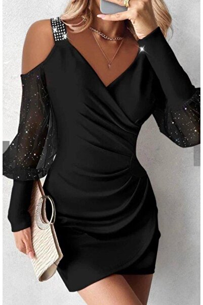 Silerra فستان نسائي قصير بياقة مزدوجة الصدر وفتحة على الكتفين وظهر مكشوف مع ت...