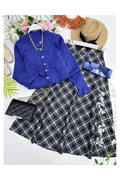 YEDİLALE Carnation Knitwear Cardigan Plaid Flared Skirt Two-Piece Set [Cardig...