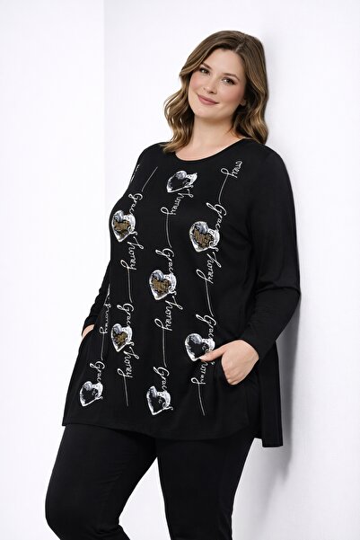 Şans Жіноча блузка великого розміру, чорна, з принтом і каменями, з розрізом ...