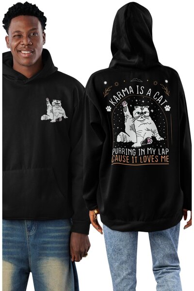 Fuddy Moda سويت شيرت للجنسين Karma Is Cat مطبوع بغطاء رأس، هوديي بتصميم تايلو...