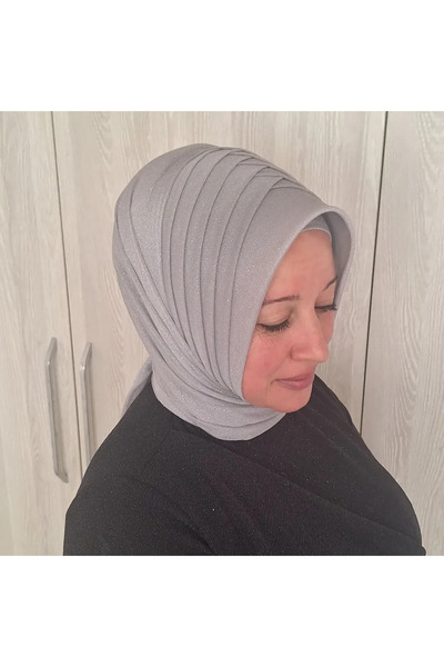 semahazırduvak Açık Gri Simli model hazır türban hazır şal abiye şal duvak