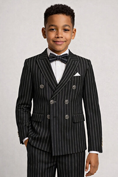 MODMEN Erkek Çocuk Çizgili Ceket Gömlek Pantolon Papyonlu Takım Elbise