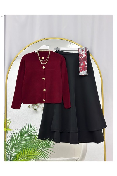 YEDİLALE Yandan Tie-Up Flare Skirt Heart Button Knitwear Cardigan Double Set