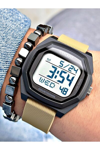 Cockpit Toprak Renk Kare Model Dijital 3 ATM Su Geçirmez Orjinal Erkek Kol Sa...