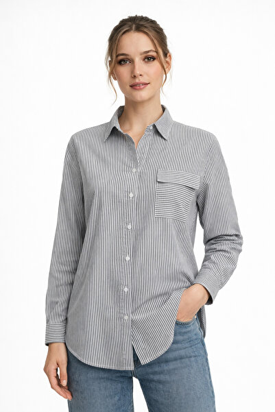 Nuevo Дамска сива раирана риза с джобове и дълги ръкави -