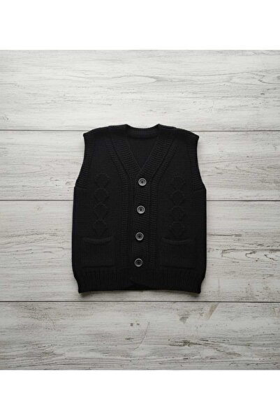 POFUDUK Erkek Bebek V Yaka Saç Örgü Detaylı Cepli Triko Yelek [ Tek Siyah renk ]