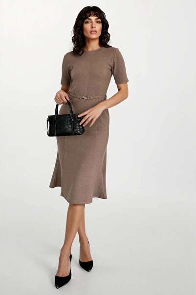 Trend Alaçatı Stili Women's mink stitch detail belt buckle short sleeve midi ...