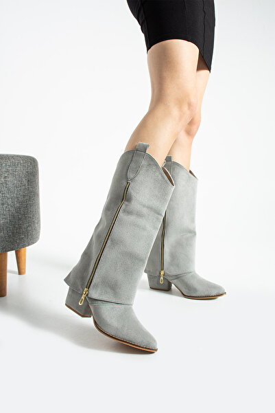 BERFONA Diva Grey Suede Μπότες με φερμουάρ και λεπτομέρεια, με τακούνι 6 εκ.