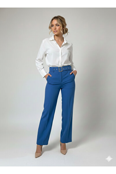 strivex Casual Office Stylish Blue Women's Trousers with High Waist Pockets a...