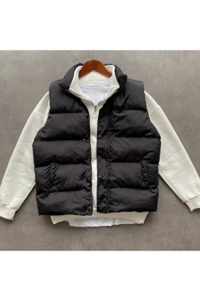 THANBUTİK Dolgulu Şişme Yelek ve Yarım Fermuarlı Dİk Yaka Polar Sweat 2'li Set