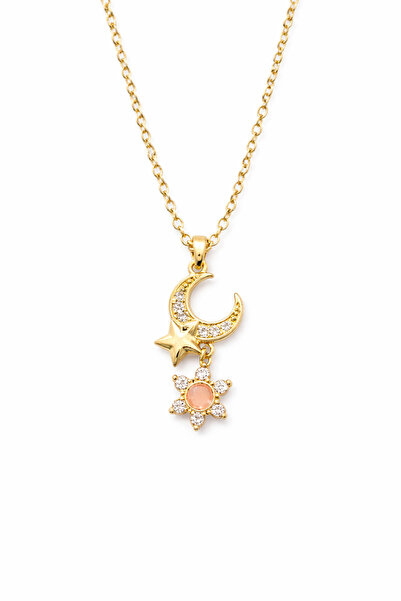 Tasarım Women's Moon and Star Detailed Stone Gold Necklace – Non-Tarnish Stai...
