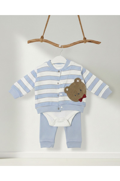 Baby Bebek Mavi Çizgili Ayıcık Nakışlı 3’lü Takım