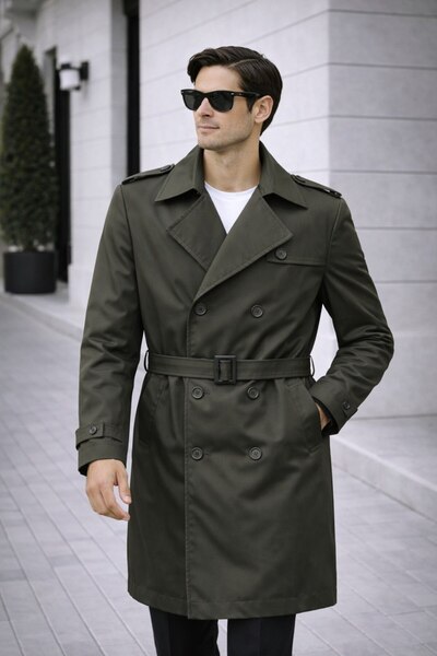 BASEL.CO Men's Modern Fit Trench Coat - Belted, Double Breasted, Timeless Design