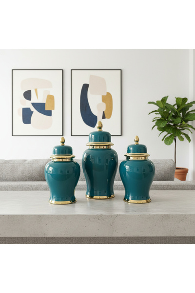 lya luxury طقم مزهريات زخرفية من 3 قطع باللون الأخضر الزمردي - تفاصيل ذهبية (...