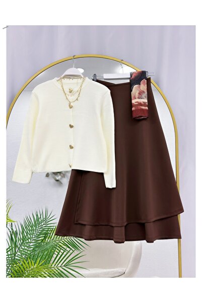 YEDİLALE Yandan Tie-Up Flare Skirt Heart Button Knitwear Cardigan Double Set