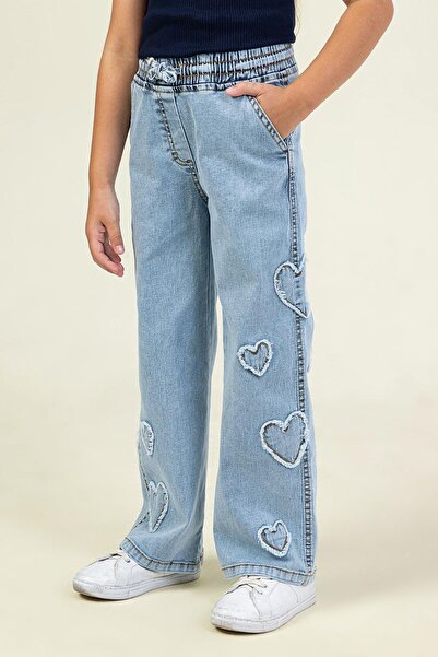 Minigimin Cicileri Heart Detailed Girls' Jeans - Light Blue