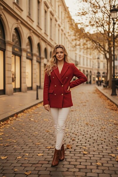 Seviliko Kadın Gold Düğmeli Blazer Tüvit Ceket