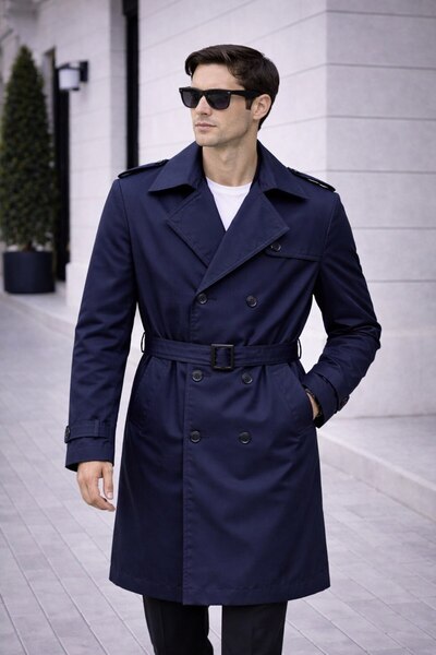 BASEL.CO Men's Modern Fit Trench Coat - Belted, Double Breasted, Timeless Design