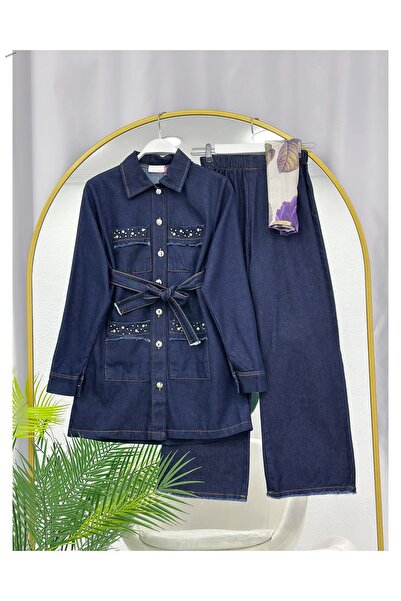 YEDİLALE Beaded Embroidered Pocketed Belted Denim Jacket Pants Two-Piece Set