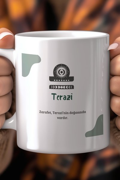 YasBey DESIGN Terazi Burcu Temalı 330ml Baskılı Beyaz Seramik Kupa Bardak