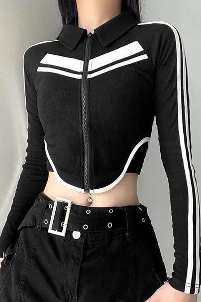 İlayda Toprak Μαύρη μπλούζα με φερμουάρ, γιακά πόλο, ριγέ, ασύμμετρη, μακρυμά...