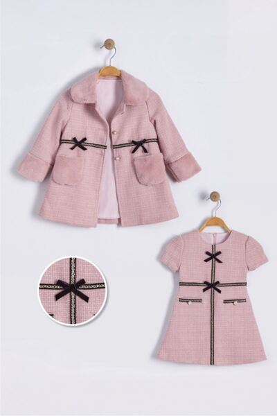 Minigimin Cicileri Tweed Coat Striped 2-Piece Dress Set for Girls - Powder