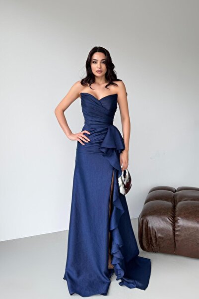 Serica Moda Navy Blue Flounce Slit Strapless Evening Dress