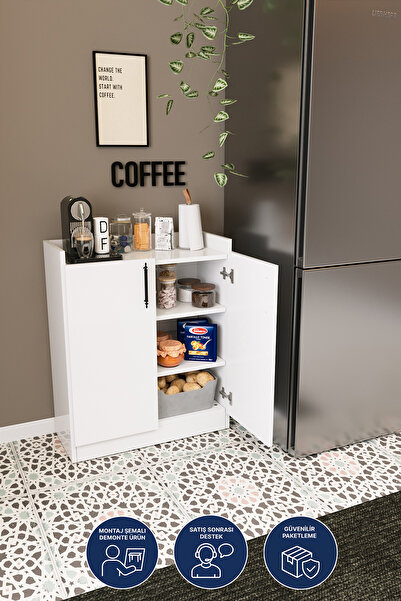 DEKORFİM DF08104 Ayarlanabilir Raflı Beyaz Çok Amaçlı Dolap, 2 Kapaklı 3 Rafl...