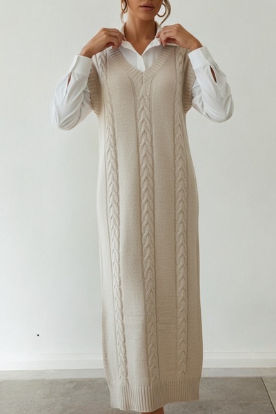 NEWCO V-Neck Sleeveless Hair Braided Patterned Maxi Knitwear Dress