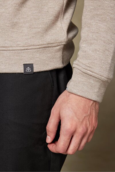 Abbate Fiero Örme Kumaş Viskon Karışımlı Modern Fit Bej Dik Yaka Erkek Düz Sweatshirt