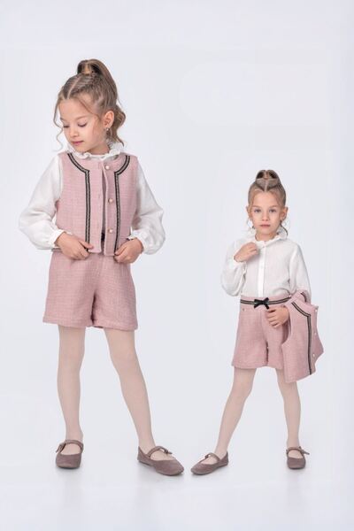 Minigimin Cicileri Tweed Striped 3-Piece Vest Set Girls' Set - Powder