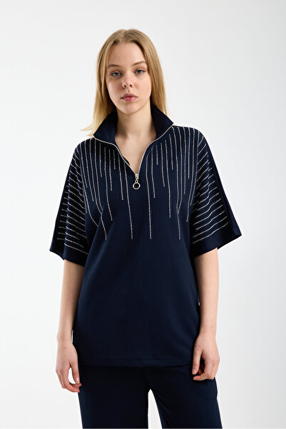 DAİSİES Women's Zippered Modal Fabric Stone Detailed Oversized Piece Set