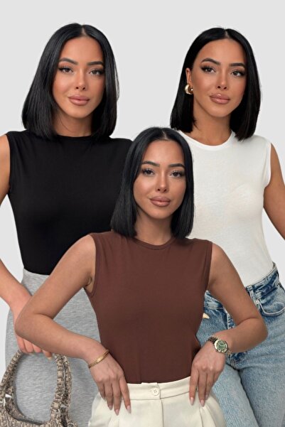 Lunamiratto Women's Cotton 3-Piece Set Black, White, Bitter Brown Crew Neck S...