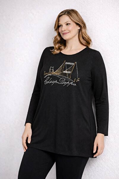 Şans Жіноча блуза великого розміру, чорна, з каменним принтом, з віскози, з д...