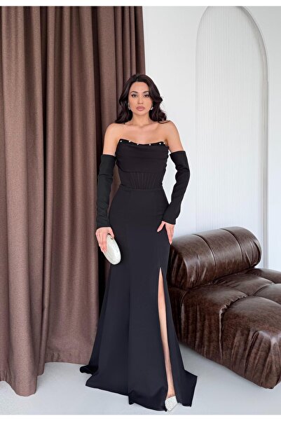 Serica Moda Rochie de seară cu sârmă cu pietre aplicate Black Bust