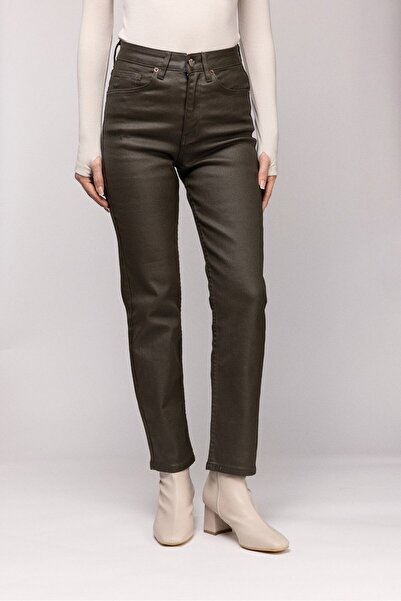Saade Khaki Women's Waxed High Waist Straight Cut Stretch Fabric Jean Trouser...