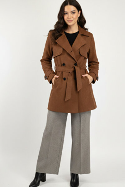 kikiriktekstil Women's Suede Double Pocket Double Button Belted Coat