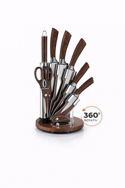 Royalty Line Set cutite bucatarie , 8 piese, inox, suport rotativ, aspect lemn