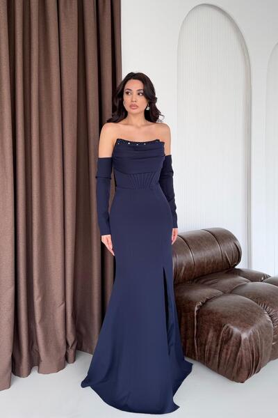 Serica Moda Navy Blue Bust Stone Detailed Underwire Evening Dress