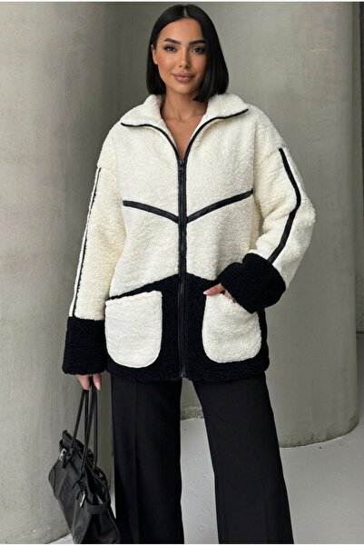 ALFUDO Moda Collection Women's Cream Black Plush Fleece Jacket