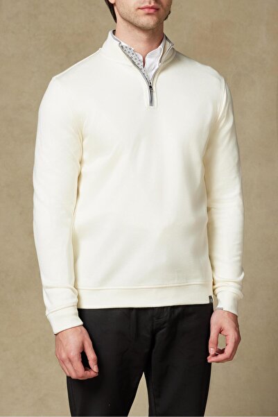 Abbate Fiero Knitted Fabric Viscose Blended Modern Fit Ecru Mock Neck Men's P...