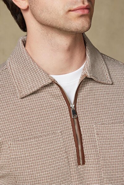 Abbate Milo Örme Kumaş Pamuklu Modern Fit Kahverengi Polo Yaka Erkek Desenli Sweatshirt